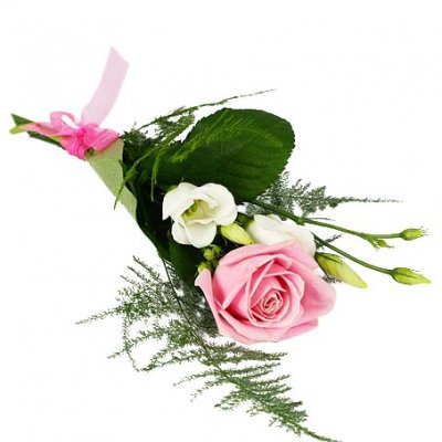 Begravning handblomma med en rosa ros och en vit prärieklocka - Handbukett - Vackra Begravningsblommor